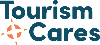 Tourism Cares logo with a stylized orange compass icon.