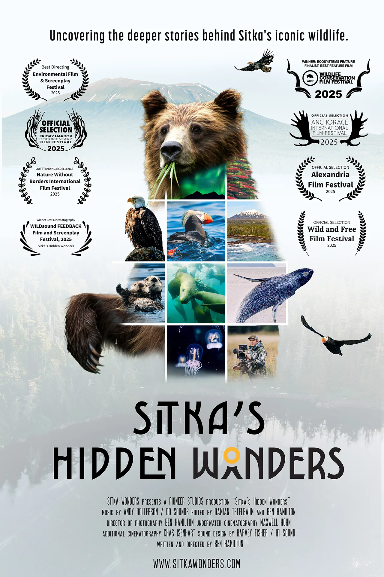 Poster for documentary 'Sitka's Hidden Wonders' featuring a large brown bear and images of wildlife, mountains, and nature scenes, with festival award laurels.