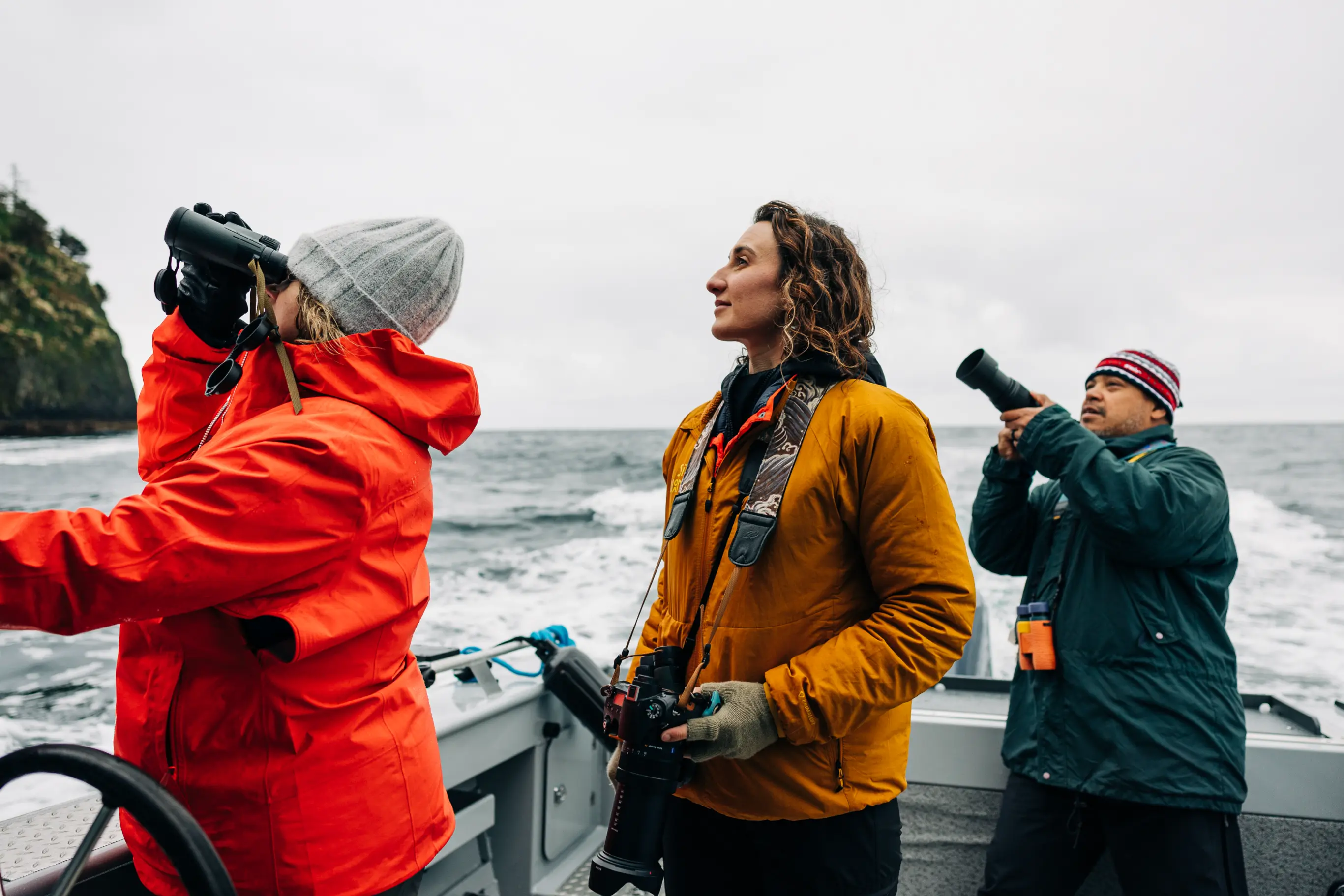 Helen White exploring tidepools on an outer island beach landing