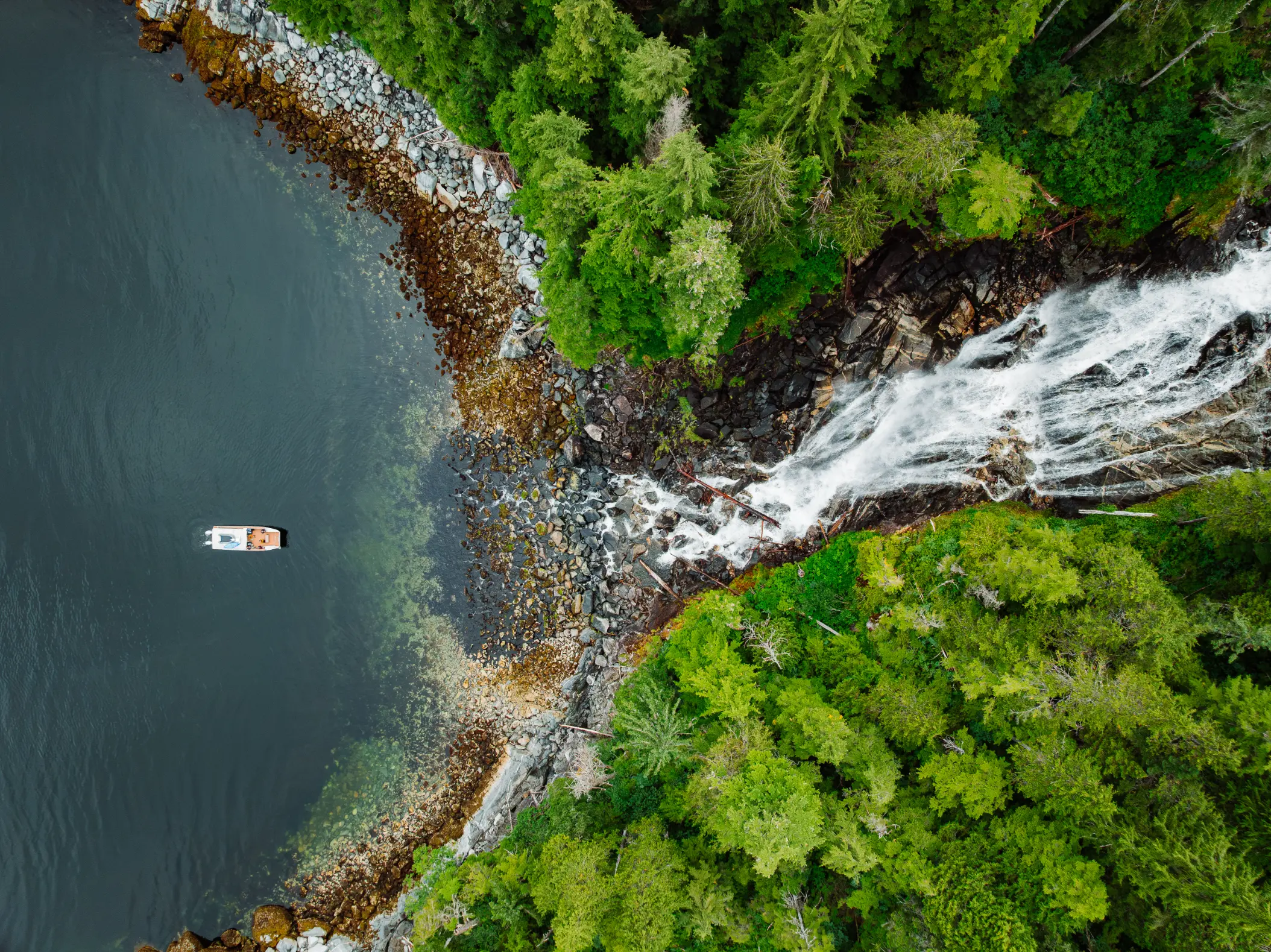 A waterfall dropping into the sea on the outer coast of Baranof Island
