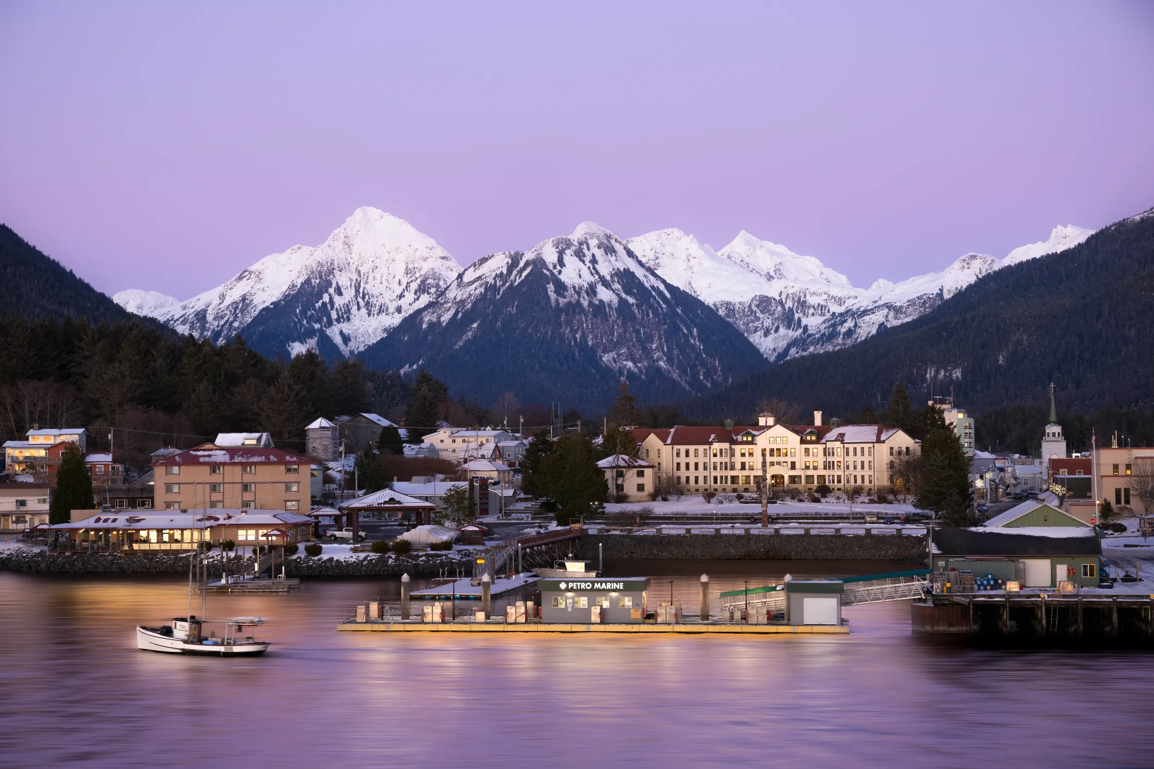 Sitka harbor and downtown with mountains behind