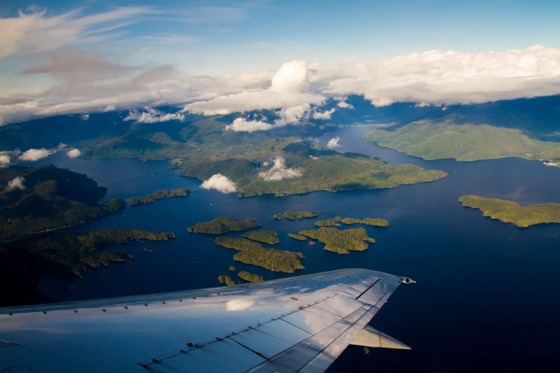 Aerial image of forested islands flying into Sitka Alaska