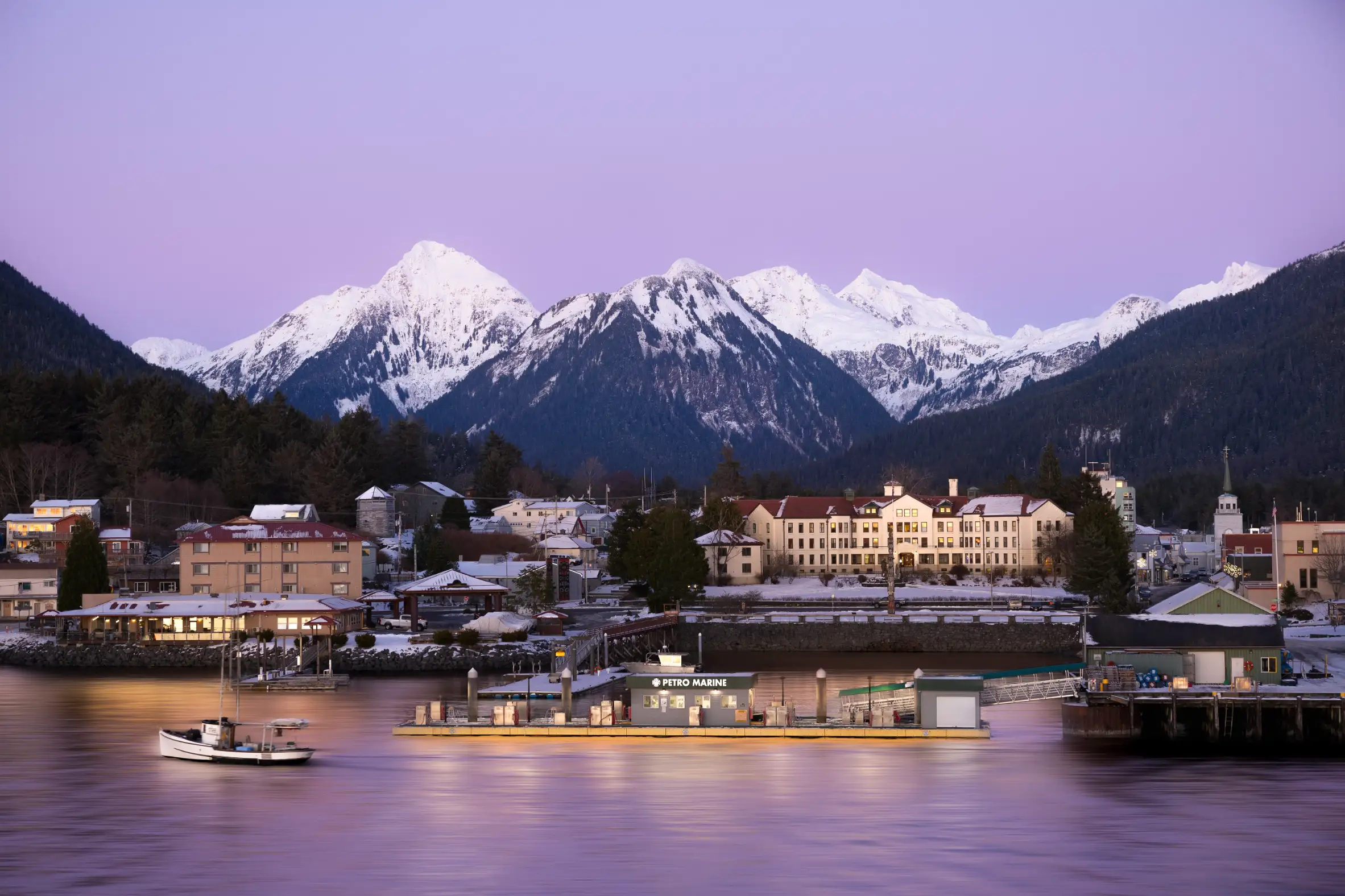 Sitka Sound at Sunset with Mt. Edgecumbe in the distance. Sitka Wonders guide to top 10 things to do in Sitka header image