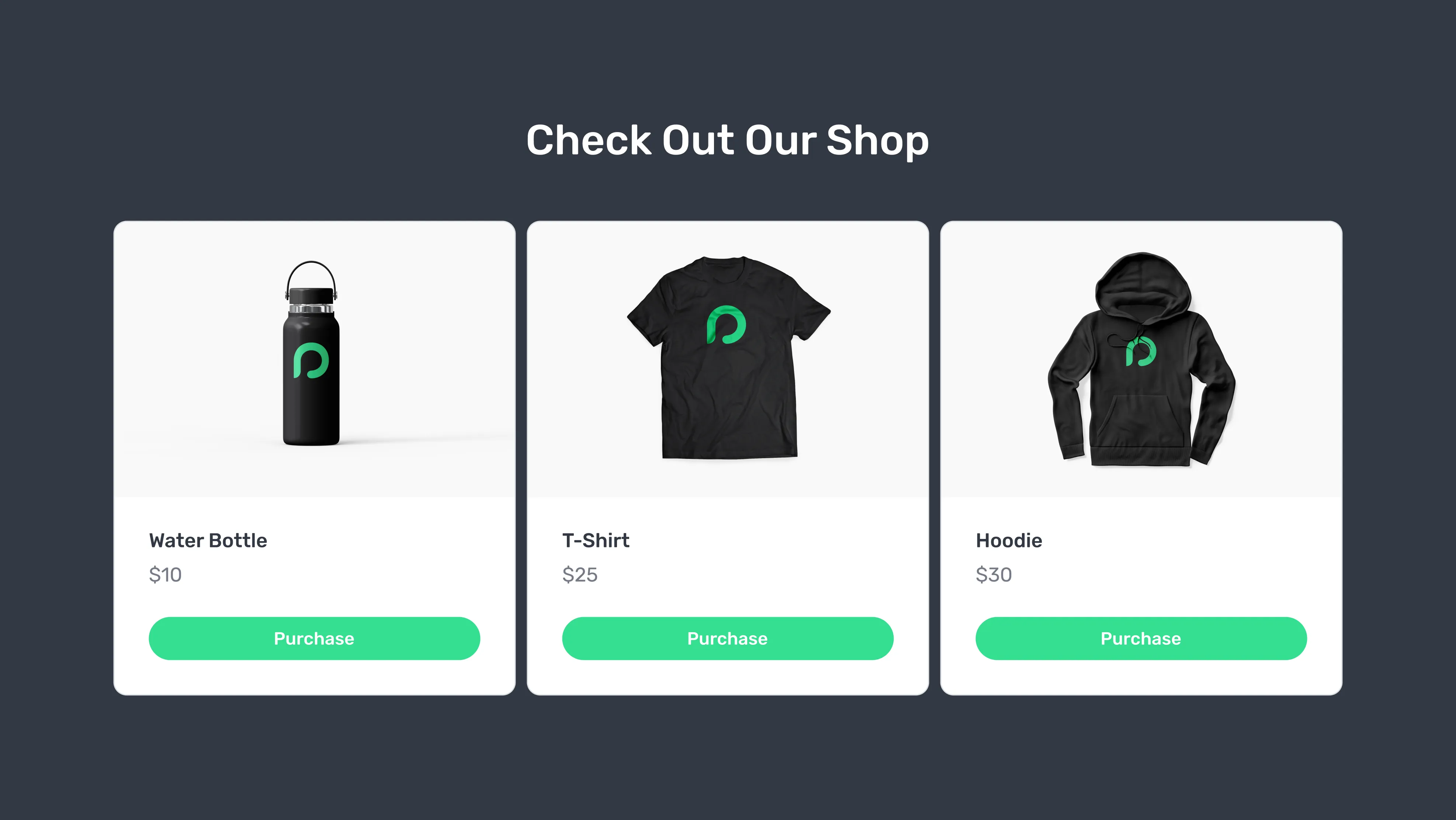 Online shop display showing a black water bottle, black T-shirt, and black hoodie, each with a green logo and purchase prices.