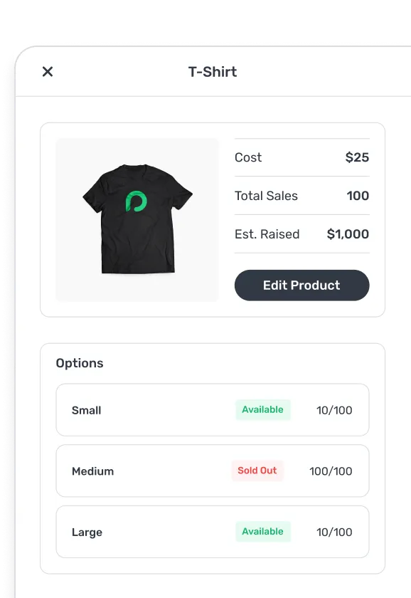 User interface showing a black T-shirt with a green logo, priced at $25, with 100 total sales raising an estimated $1,000, and size options Small and Large available, Medium sold out.