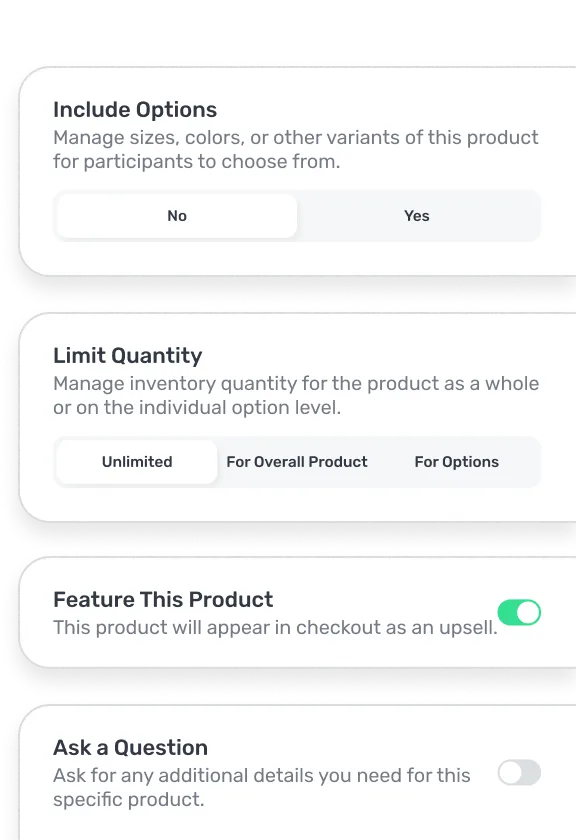 Settings interface showing options to include variants, limit quantity, feature product as upsell, and toggle question prompt.