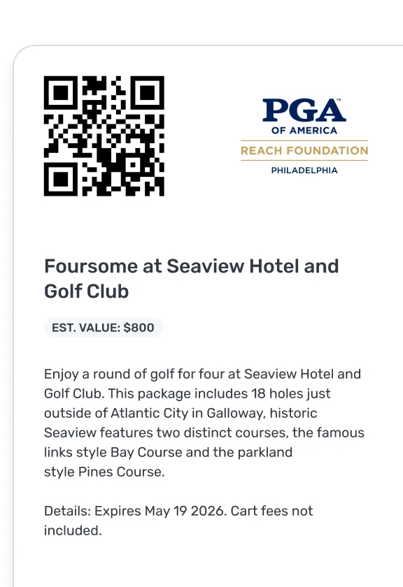 Foursome at Seaview Hotel and Golf Club package valued at $800 from PGA of America Reach Foundation Philadelphia, including 18 holes at two courses outside Atlantic City with expiration on May 19, 2026.