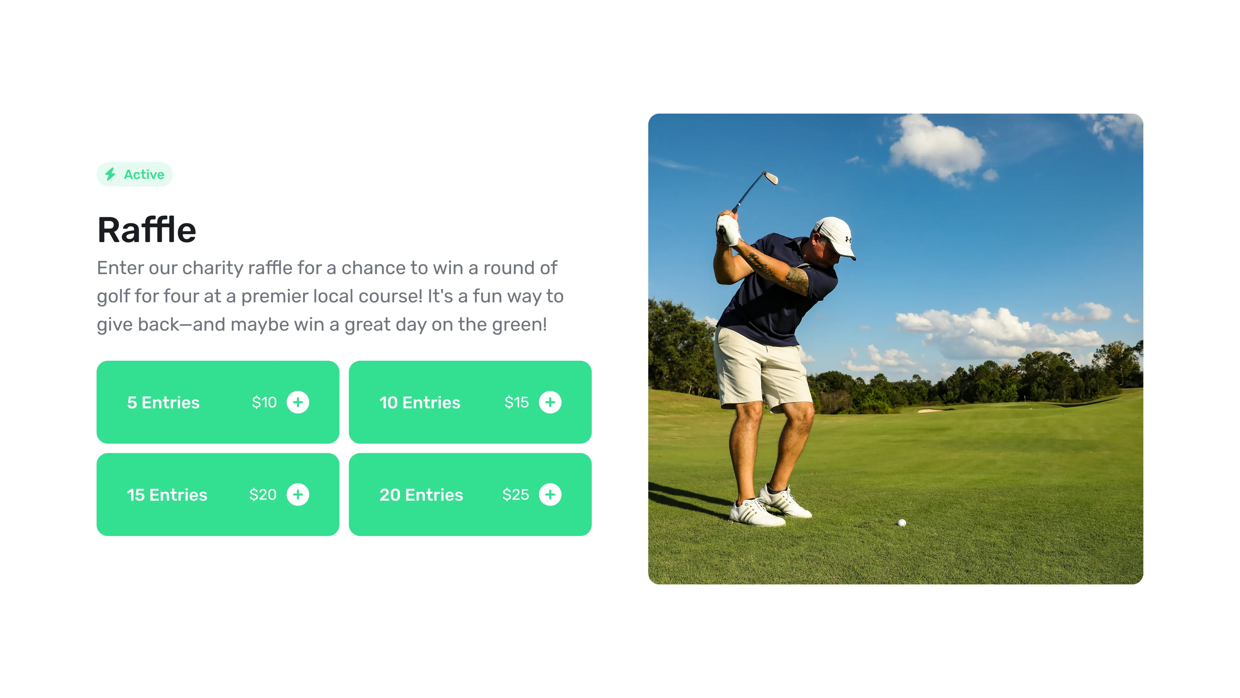Man in golf attire preparing to swing a golf club on a sunny golf course with blue skies and scattered clouds.