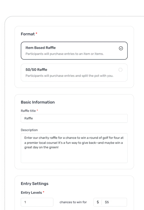 User interface of a raffle setup form with options for 'Item Based Raffle' selected, fields for raffle title and description about a charity golf raffle, and entry settings with level and price inputs.