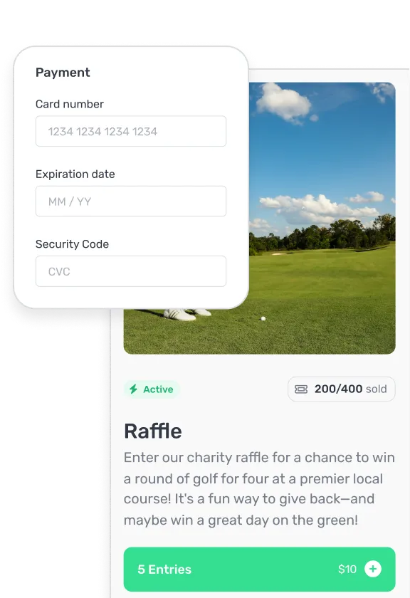 Charity raffle promotion showing a golf course with a golf ball on the grass, indicating 200 of 400 tickets sold; payment form overlay includes fields for card number, expiration date, and security code.