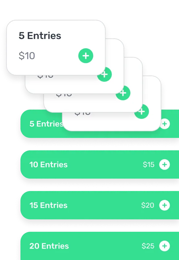 List of entry packages with prices and plus icons: 5 entries for $10, 10 entries for $15, 15 entries for $20, and 20 entries for $25.