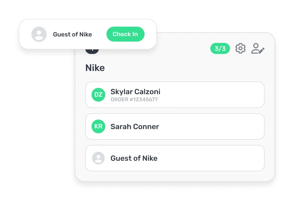 Check-in interface showing a list of three guests under Nike: Skylar Calzoni with order number, Sarah Conner, and Guest of Nike, with a green Check In button.