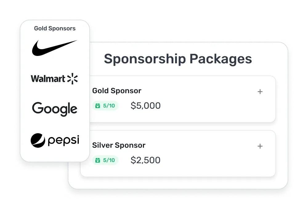 Sponsorship Packages panel showing Gold Sponsor option at $5,000 and Silver Sponsor option at $2,500, with gold sponsors including Nike, Walmart, Google, and Pepsi logos.