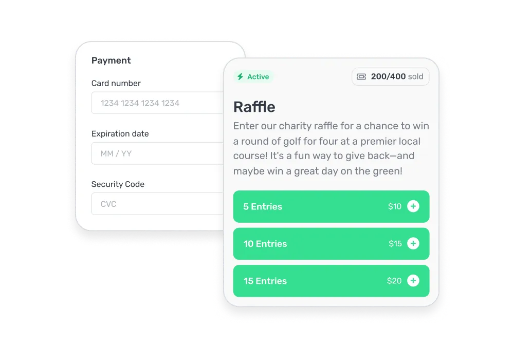 Charity raffle interface showing 200 of 400 tickets sold, with options to purchase 5, 10, or 15 entries for $10, $15, and $20, alongside a payment form for card number, expiration date, and security code.