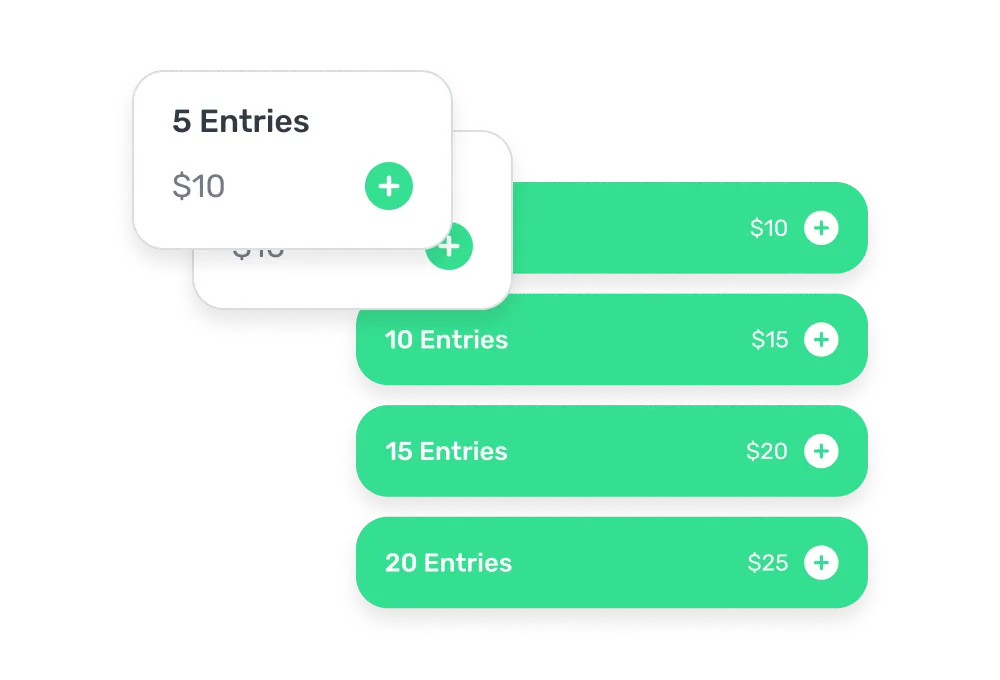 Pricing options showing entries and their prices: 5 entries for $10, 10 entries for $15, 15 entries for $20, and 20 entries for $25, each with a plus button.