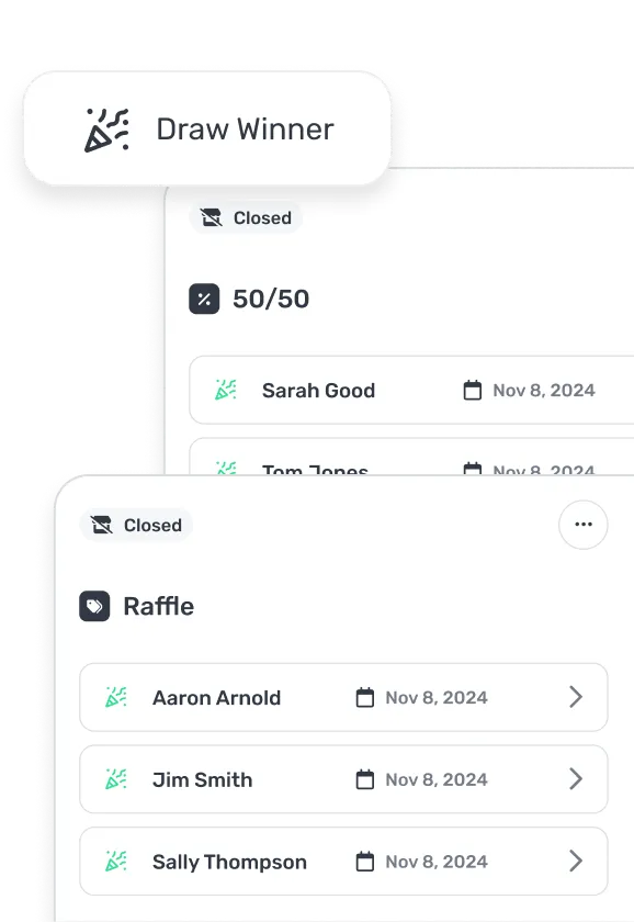 User interface showing closed raffles with a draw winner button and a list of participants with their names and date Nov 8, 2024.