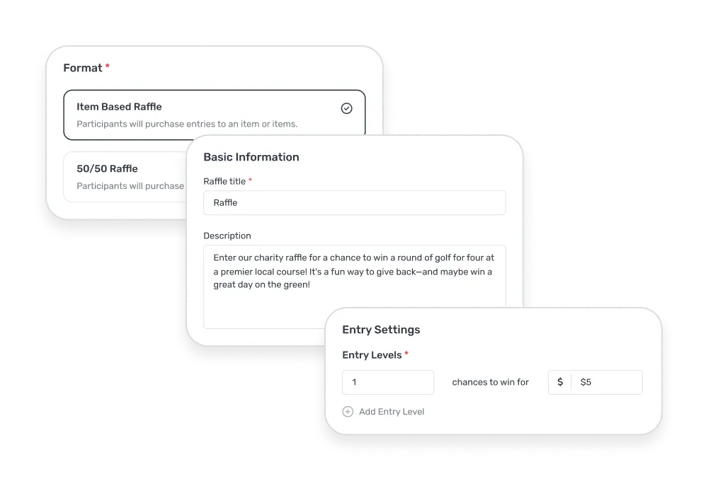 User interface with raffle setup including format selection, raffle title and description input, and entry settings with levels and cost.