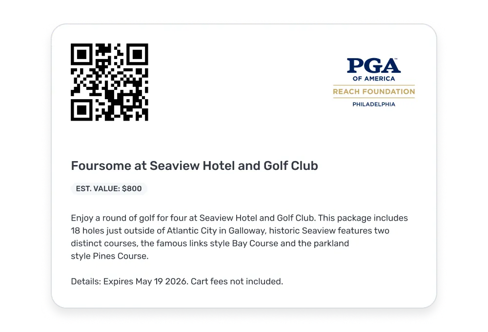 PGA Reach Foundation Philadelphia card detailing a golf foursome package at Seaview Hotel and Golf Club valued at $800, with 18 holes on two courses near Atlantic City, expiring May 19, 2026.