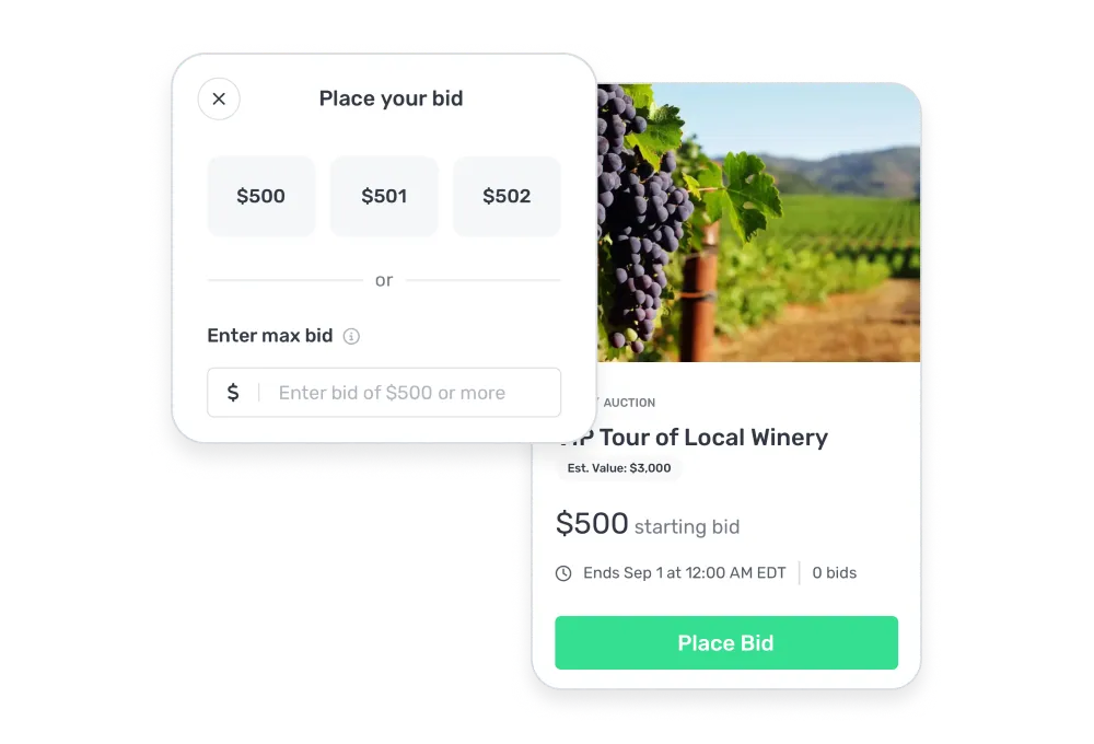 Mobile screen showing an auction for a VIP Tour of Local Winery with a $500 starting bid, ending Sep 1, and a bid placement window with preset bids of $500, $501, and $502.