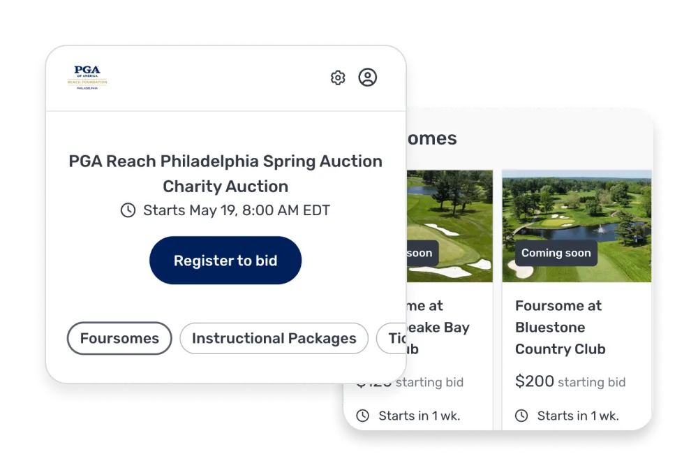 Mobile view of PGA Reach Philadelphia Spring Auction page showing event start time, register button, and auction categories with golf course foursome bids.