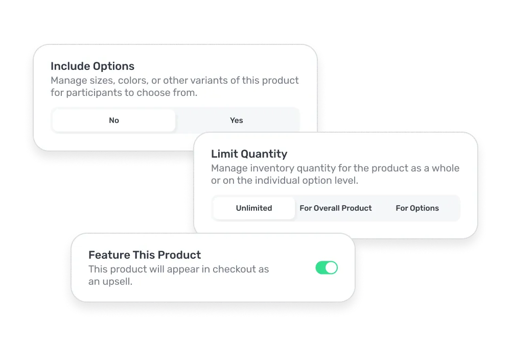 Settings interface showing options to include product variants, limit inventory quantity, and feature the product as an upsell with a toggle switch on.