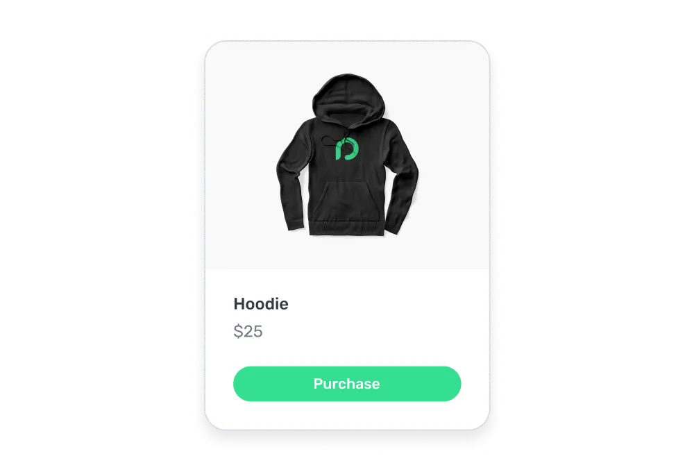 Black hoodie with a green circular logo on the chest, priced at $25 with a green Purchase button below.