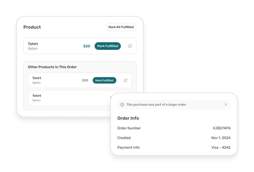 Two UI panels showing order and product details with options to mark items fulfilled and order info including order number, creation date, and payment method.
