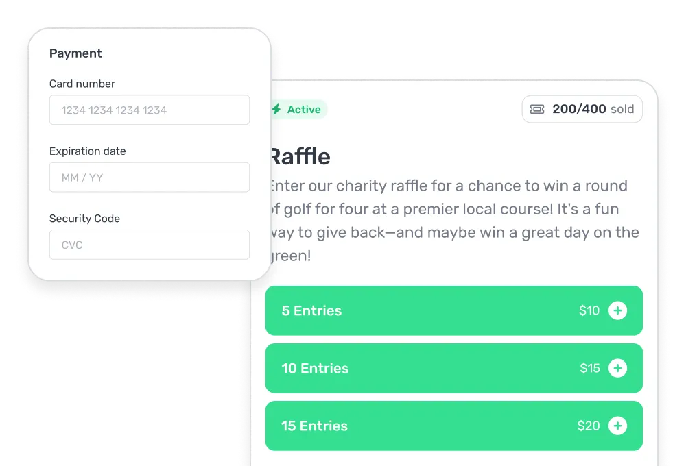 Charity raffle entry form showing 200 out of 400 tickets sold, options for 5, 10, or 15 entries priced at $10, $15, and $20, and a payment form overlay with fields for card number, expiration date, and security code.
