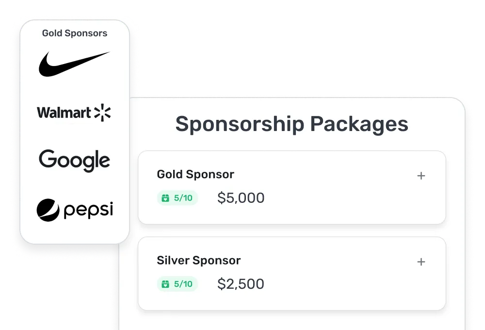 Gold Sponsors panel with Nike, Walmart, Google, and Pepsi logos alongside sponsorship packages for Gold Sponsor at $5,000 and Silver Sponsor at $2,500, each with 5/10 slots available.