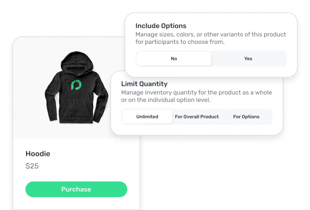 Product card showing a black hoodie with a green logo priced at $25 and a green Purchase button, alongside options to include variants and limit inventory quantity with selection toggles.