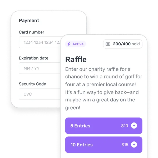 Charity raffle promotion showing 200 of 400 tickets sold, with options to buy 5 entries for $10 or 10 entries for $15, alongside payment fields for card number, expiration date, and security code.