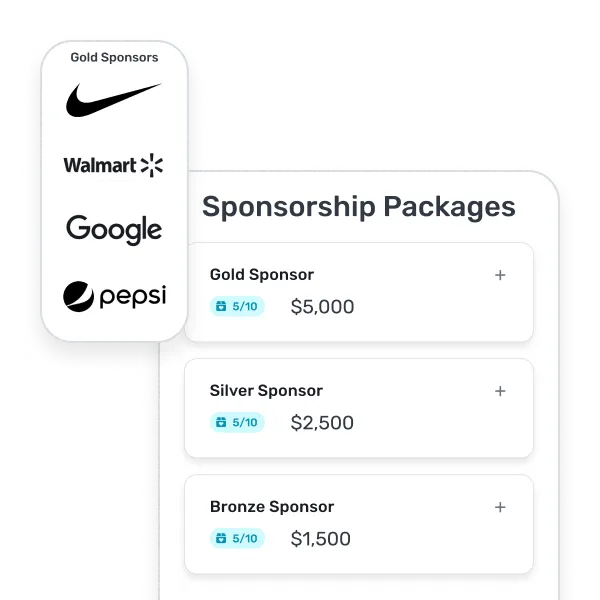 List of gold sponsors including Nike, Walmart, Google, and Pepsi next to sponsorship packages for Gold Sponsor $5,000, Silver Sponsor $2,500, and Bronze Sponsor $1,500, each with 5 of 10 slots filled.