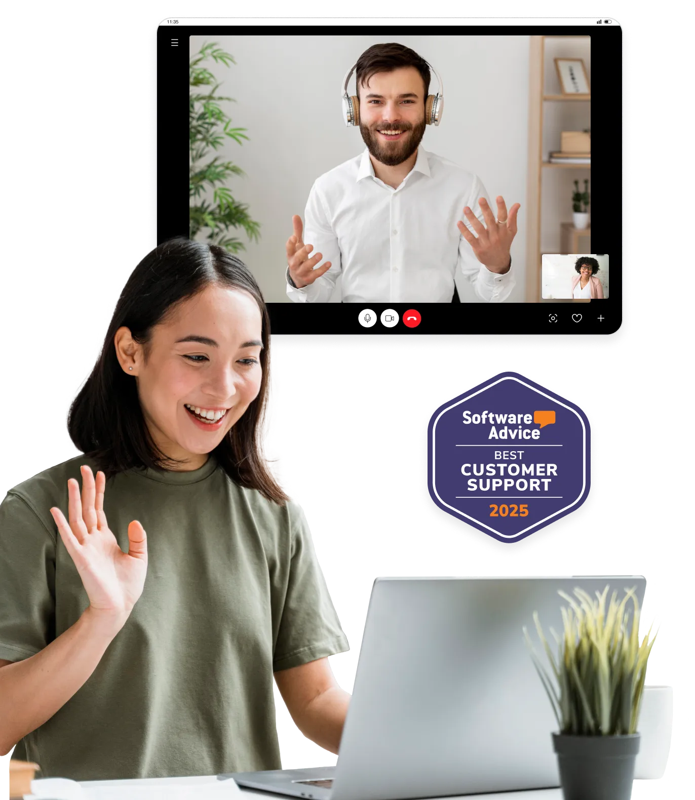 Young woman waving and smiling during a video call on her laptop with a man wearing headphones on the tablet screen, next to a Software Advice Best Customer Support 2025 badge.