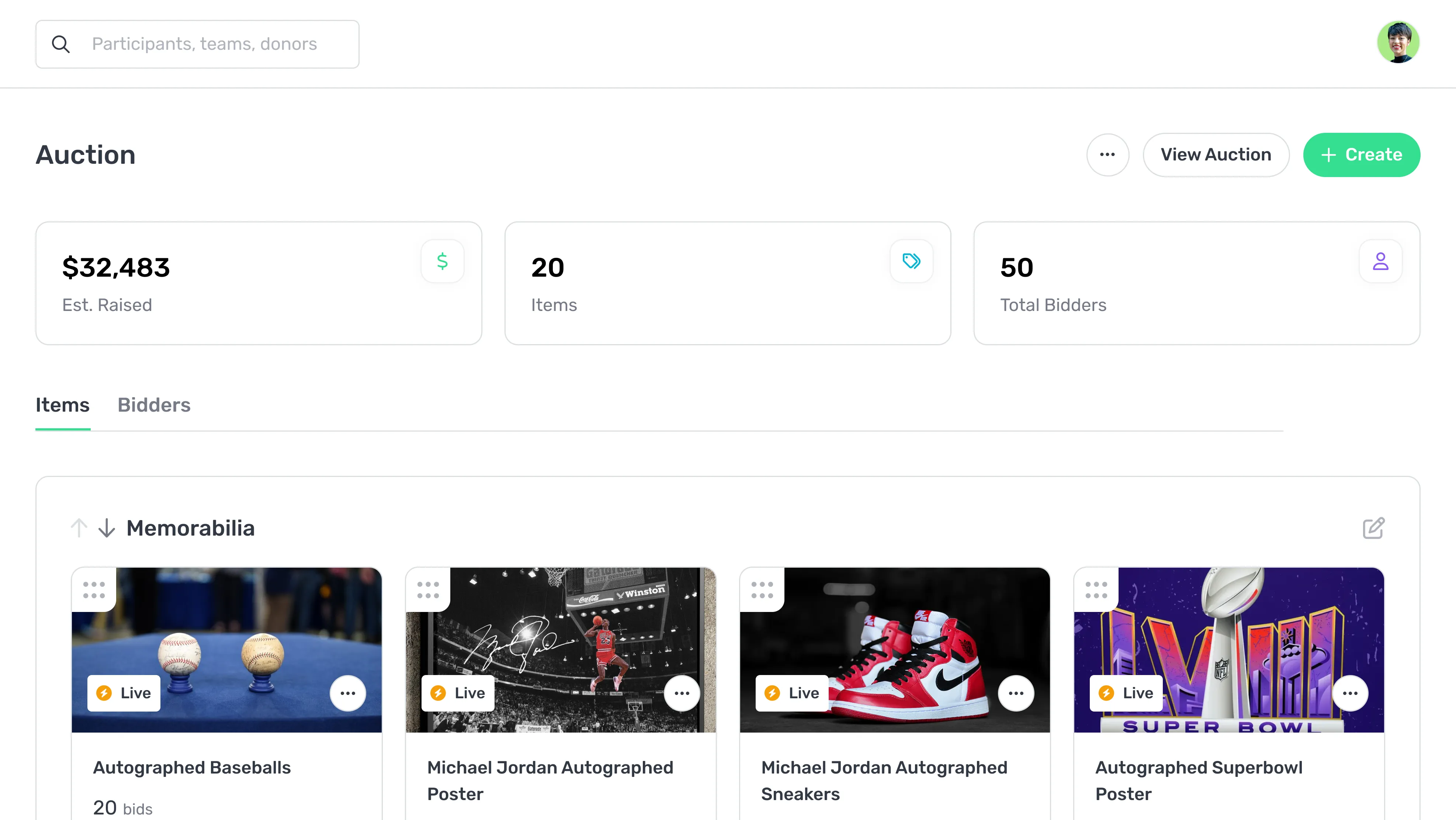 Online auction dashboard showing estimated raised $32,483, 20 items, 50 bidders, and live memorabilia auctions including autographed baseballs, Michael Jordan autographed poster and sneakers, and an autographed Super Bowl poster.