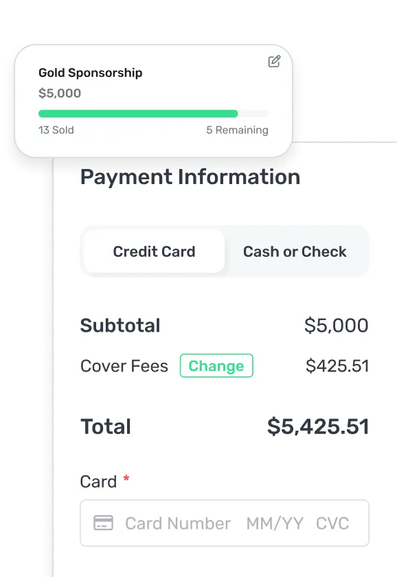 Payment form showing Gold Sponsorship costing $5,000 with 13 sold and 5 remaining, credit card payment selected, subtotal $5,000 plus $425.51 fees, total $5,425.51, and card number input fields.