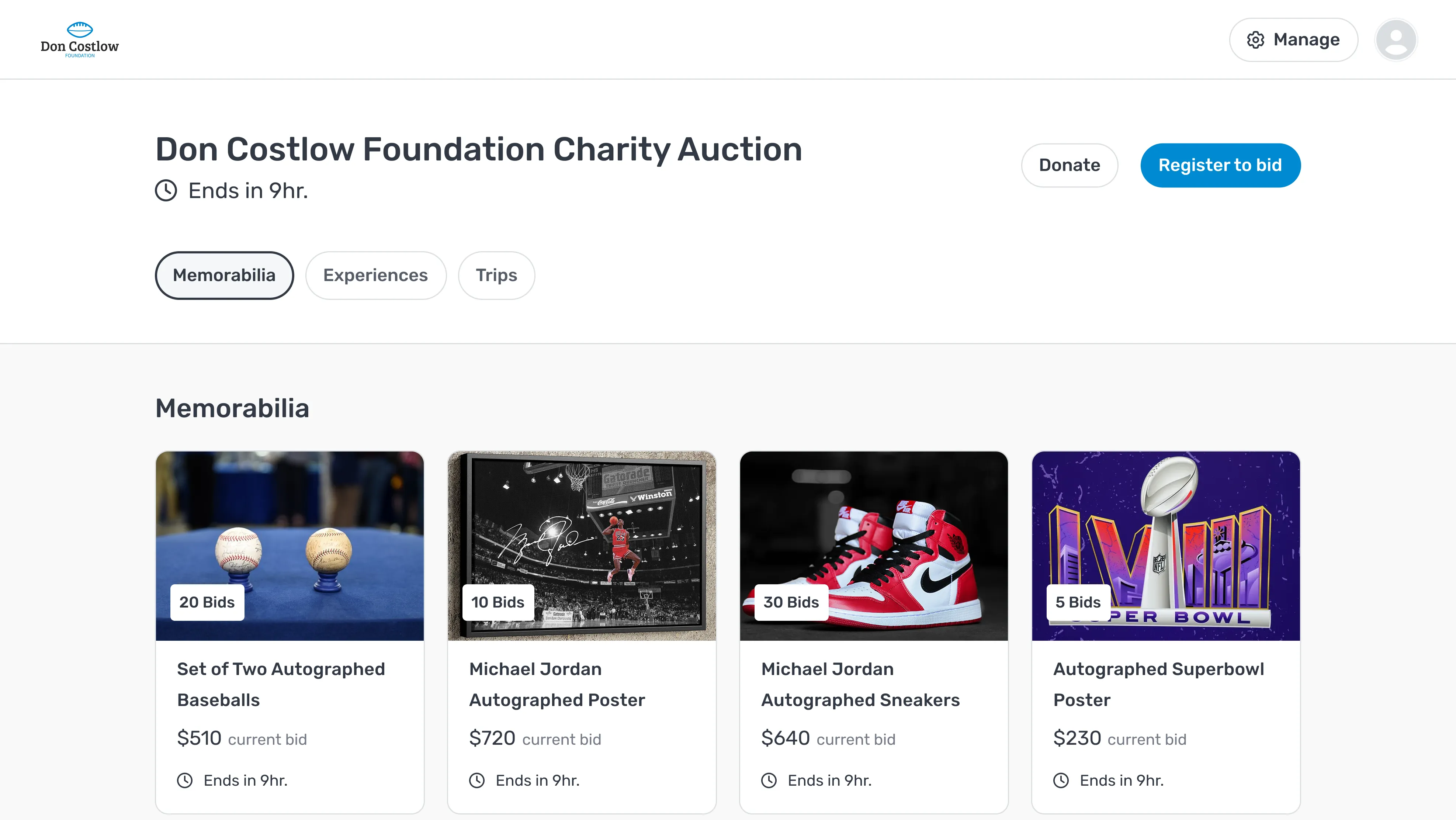 Online auction page for Don Costlow Foundation with memorabilia items including autographed baseballs, Michael Jordan poster and sneakers, and an autographed Superbowl poster.