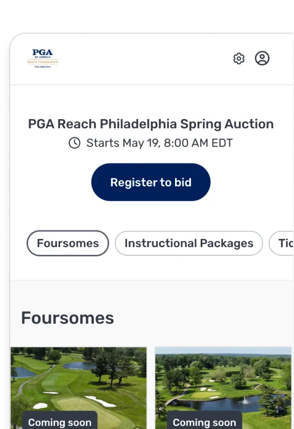 PGA Reach Philadelphia Spring Auction webpage showing start date May 19 at 8:00 AM EDT, with a Register to bid button and tabs for Foursomes and Instructional Packages.