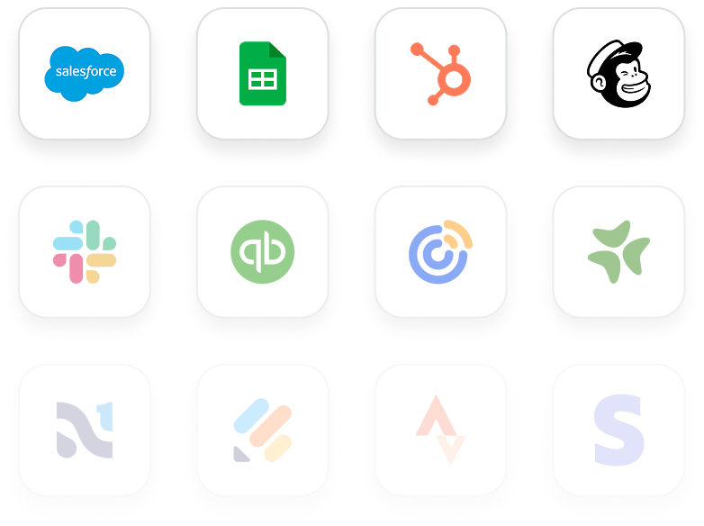 Grid of twelve app logos including Salesforce, Google Sheets, HubSpot, Mailchimp, Slack, QuickBooks, Constant Contact, SurveyMonkey, NetSuite, Asana, ActiveCampaign, and Stripe.