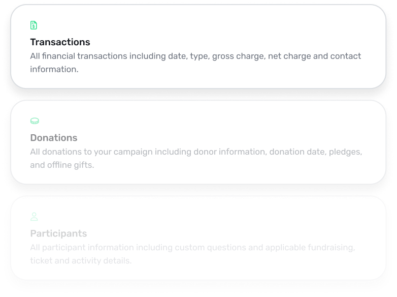 Three callout boxes labeled Transactions, Donations, and Participants with descriptions of included data elements for each.