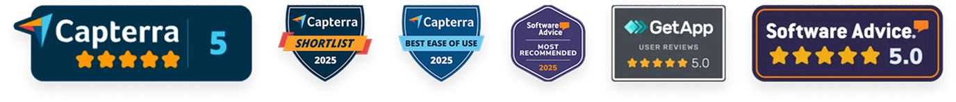 Six software rating badges from Capterra, Software Advice, and GetApp showing 5-star ratings and recognitions for 2025.
