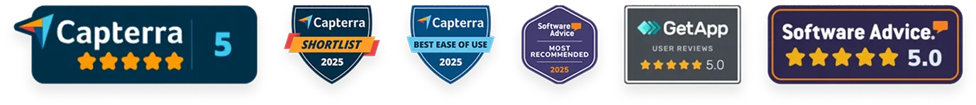Six software rating badges from Capterra, Software Advice, and GetApp showing 5-star ratings and recognitions for 2025.