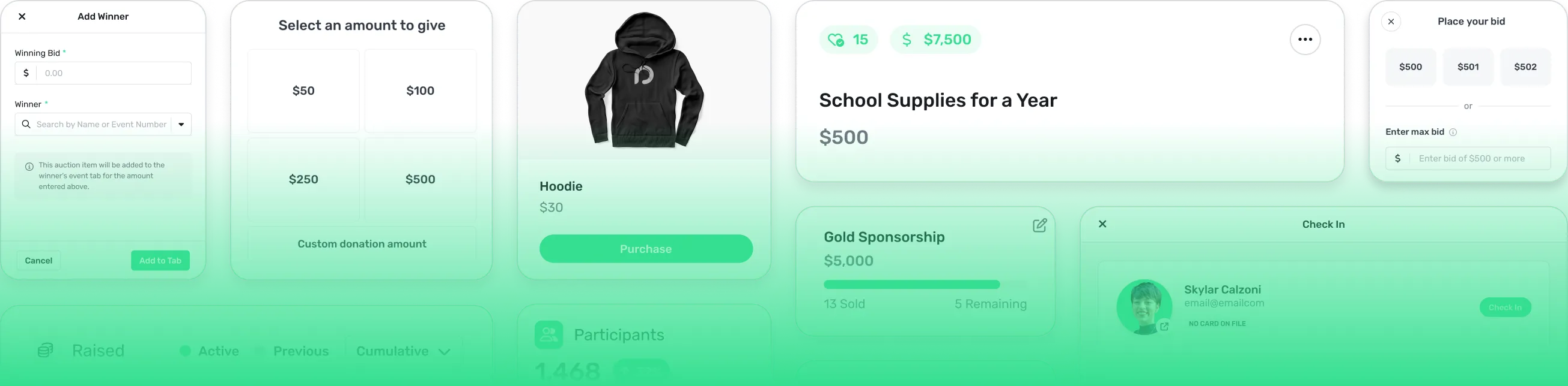 User interface screens showing online auction and donation features including adding a winner, selecting donation amount, hoodie purchase, auction item bid, gold sponsorship status, and participant check-in.