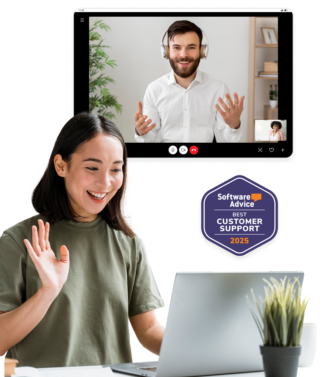 Smiling woman waving at a laptop during a video call with a bearded man wearing headphones on the screen and a Software Advice Best Customer Support 2025 badge.