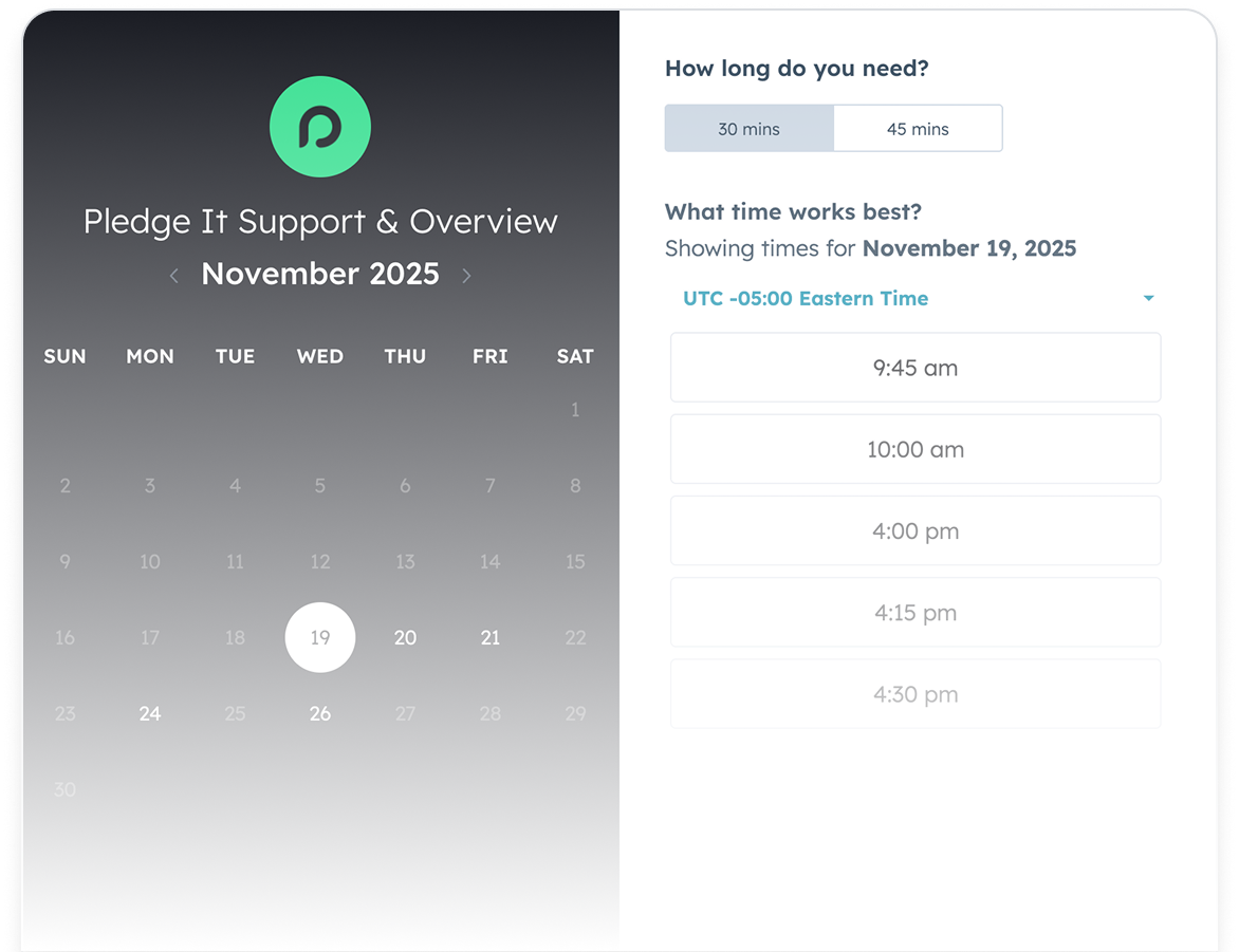 Calendar interface for scheduling IT support in November 2025, highlighting November 19, with options to select meeting length and available times on the right.