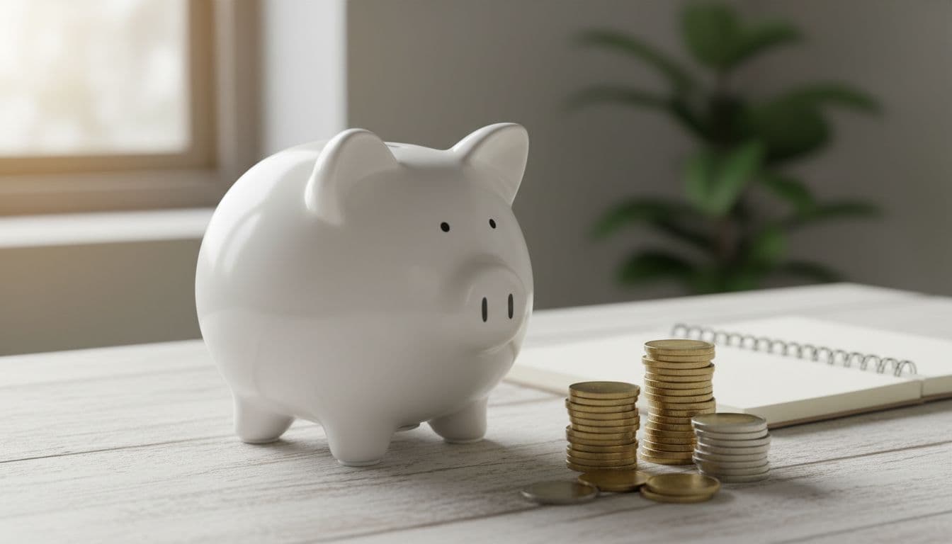A ceramic piggy bank sits on a wooden desk beside a small stack of coins and a notebook.