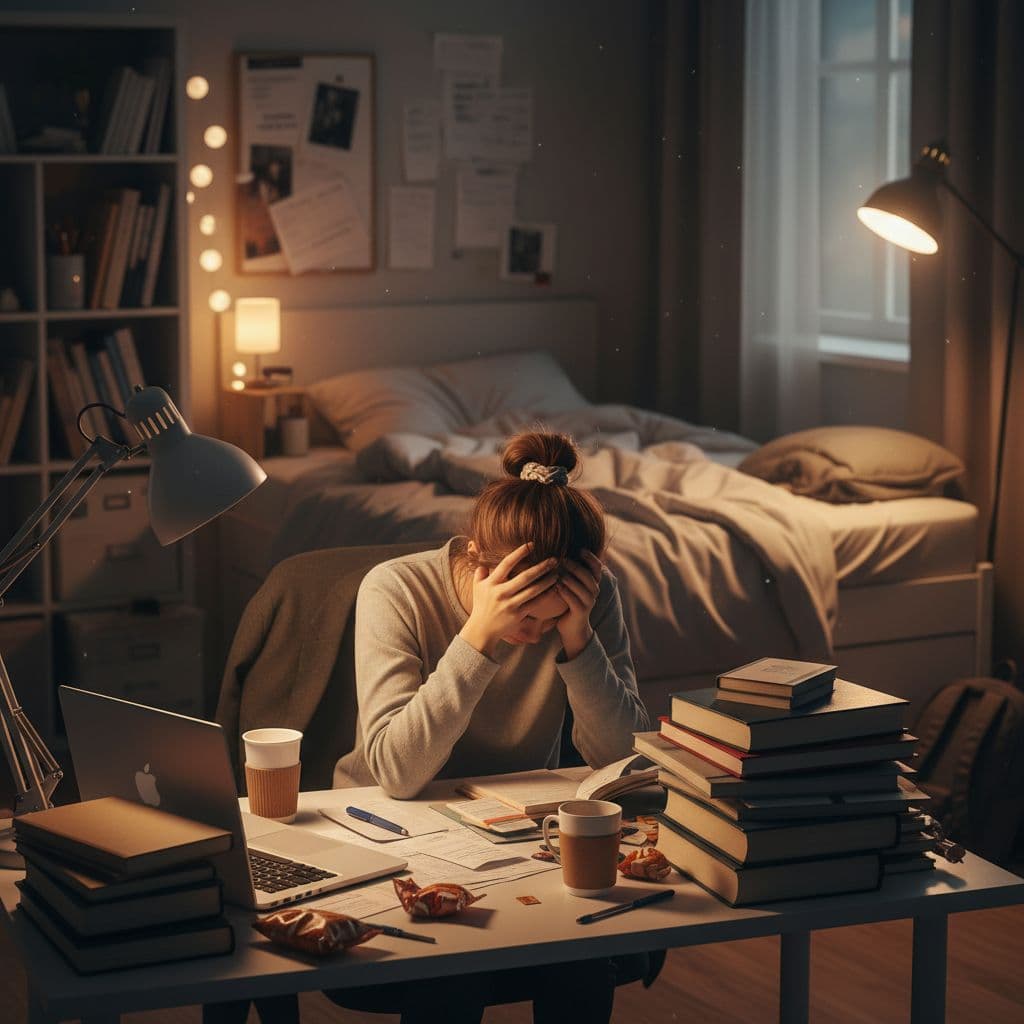 A student sits at a cluttered desk surrounded by medical textbooks and unpaid bills.