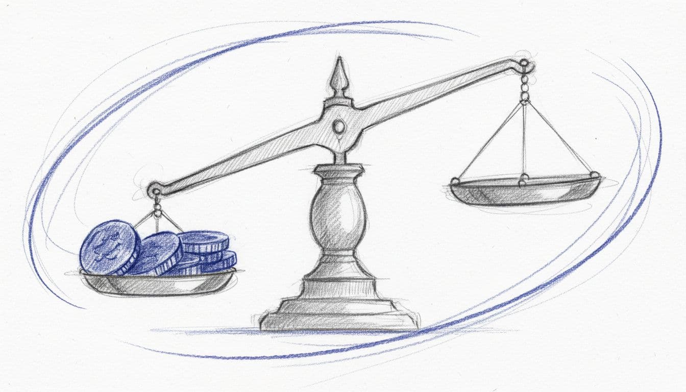 A detailed graphite drawing of a traditional two-sided scale sits centered on a plain white background. The instrument is tilted toward one side, with elegant blue graphite lines highlighting key structural joints.