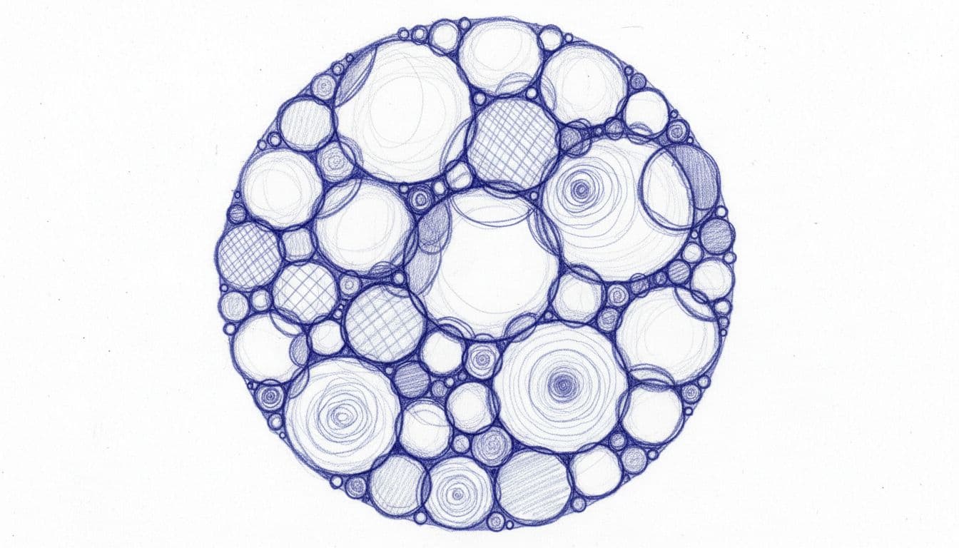 A hand-drawn graphite sketch on white paper features several circular containers arranged to form a larger singular structure. Deep blue shading defines the edges of these distinct interconnected financial pieces.