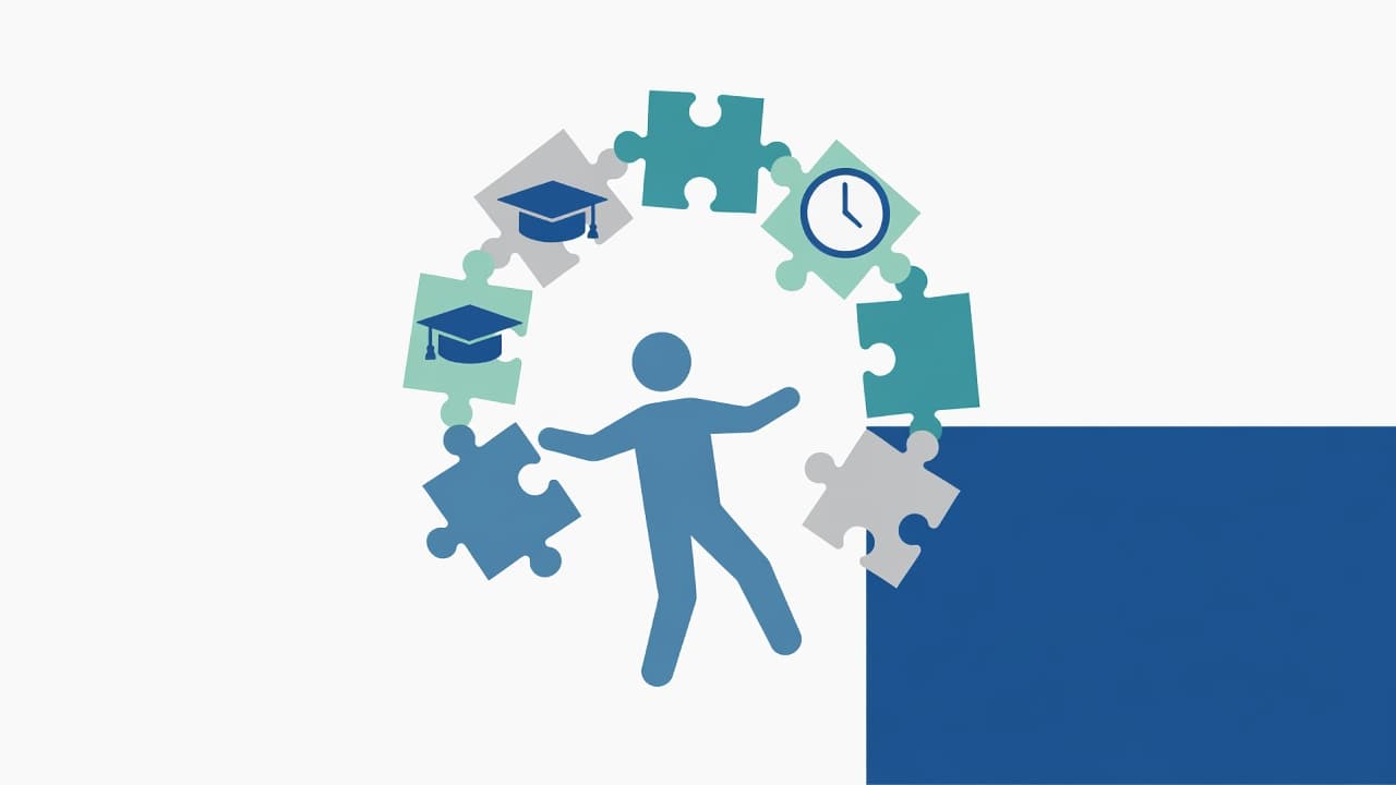 A person carefully balances geometric puzzle pieces representing a clock and graduation cap against a deep blue backdrop. This clean graphic visualizes the complex arrangement of long-term academic funding goals.