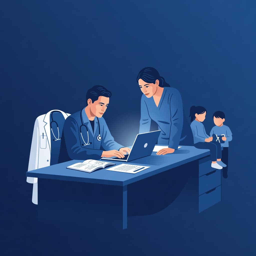A physician parent sits at a sleek desk reviewing digital documents on a laptop alongside an open notebook. Soft blue light illuminates the organized workspace, highlighting a professional and calm planning session.